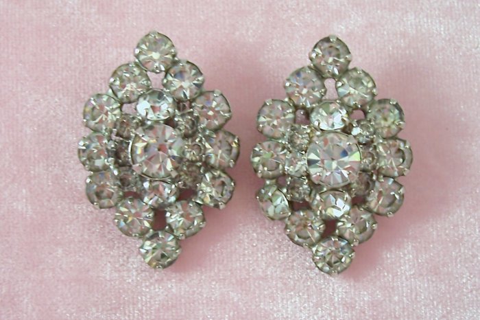 Vintage Rhinestone Earrings Large Fancy Oval Design