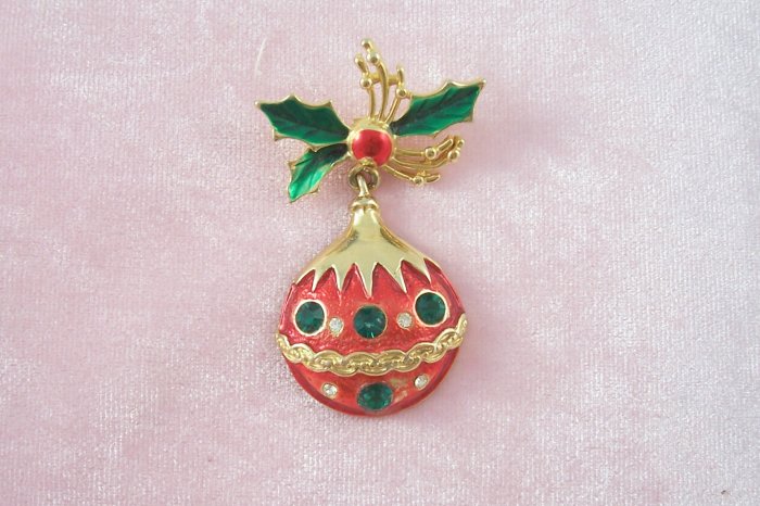 Vintage Rhinestone Christmas Ornament Brooch Pin Red Enamel