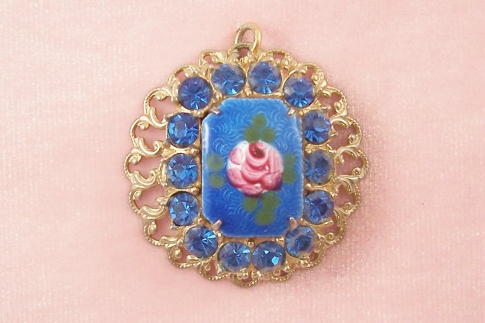 Vintage Blue Rhinestone Guilloche Pink Rose Pendant Delicate Filigree
