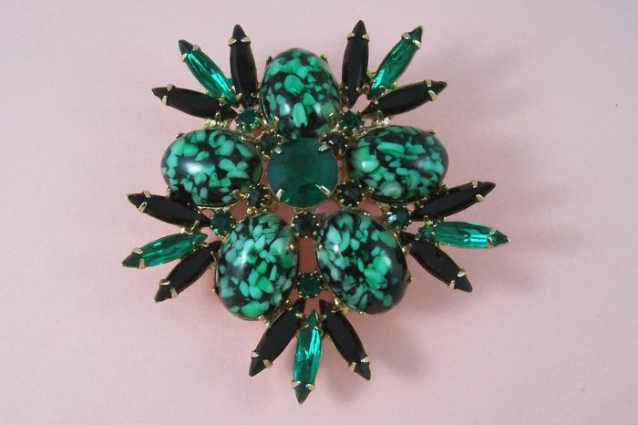 Vintage Green Art Glass Rhinestone Brooch Black Navette Large and Flashy