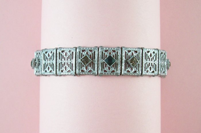 Vintage MJ Company Art Deco Filigree Bracelet Square Cut Green and Clear Rhinestones