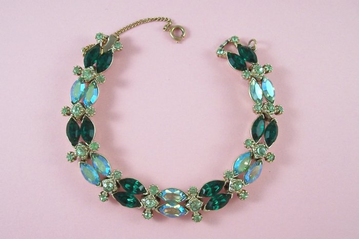 Vintage Emerald Green Aurora Borealis Rhinestone Bracelet Peridot AB Rhinestones