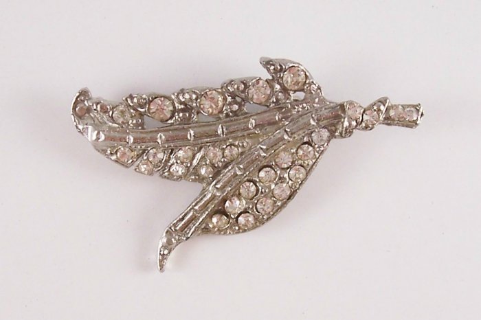 Vintage Rhinestone Brooch Foliage Bouquet Sparkling Silver Tone