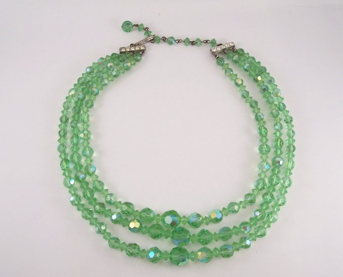 Vintage Green Crystal Aurora Borealis Three Strand Necklace Faceted Beads Rhinestone Accents