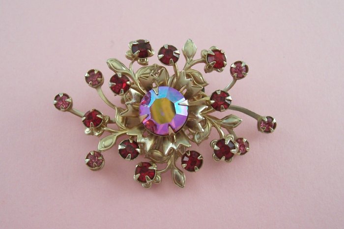 Vintage Red Pink Rhinestone Brooch Pin Floral Style Pink Aurora Borealis Accent