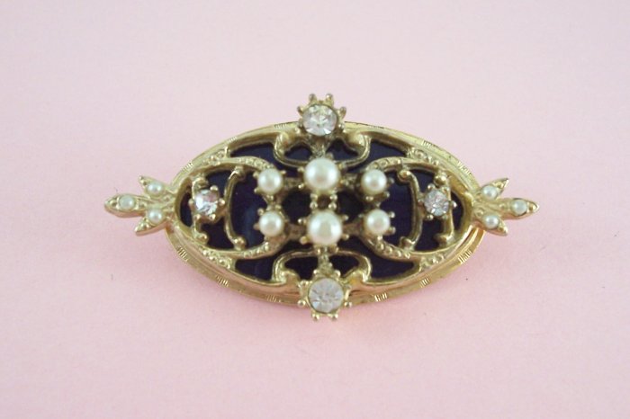 Vintage Rhinestone Simulated Pearl Brooch Royal Blue Background