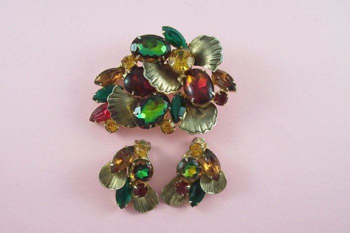 Vintage Watermelon Rhinestone Brooch Earrings Demi Set Molded Glass Red Green Topaz