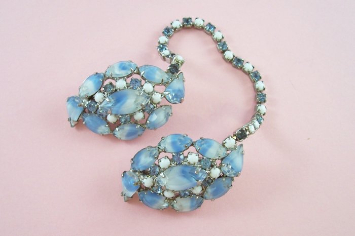 Vintage Blue Givre Milk Glass Rhinestone Sweater Guard Chatelaine