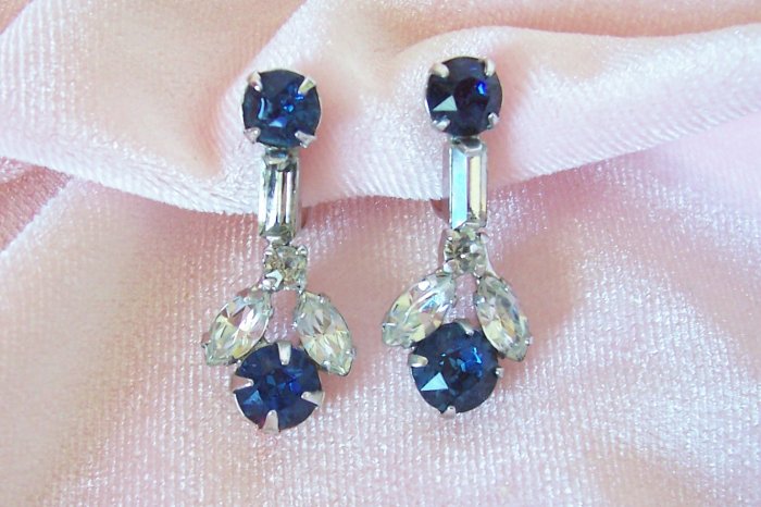 Vintage Sapphire Blue Rhinestone Earrings Screw Back Dangling Baguette and Marquis Rhinestones