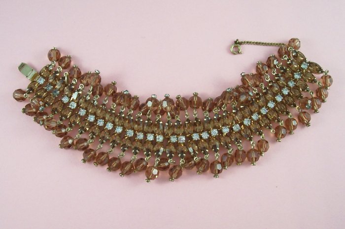 Vintage Weiss Bacelet Topaz Rhinestones Dangling Crystal Beads Wide and Flashy