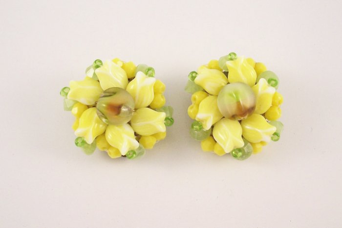 Vintage Germany Yellow Tulip Art Glass Bead Earrings Lime Green Crystals