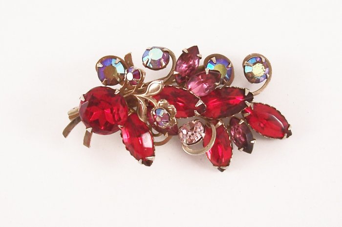 Vintage Red Pink Rhinestone Brooch Aurora Borealis Floral Spray