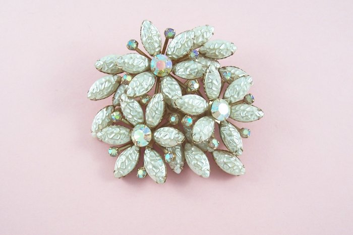 Vintage Iridescent White Moon Rock AB Rhinestone Brooch Large Floral Lava Stones