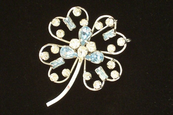 Vintage Star Art Sterling Blue Rhinestone Brooch Pendant Four Leaf Clover Design