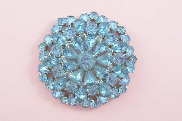 Vintage Blue Rhinestone Brooch Large Tiered Floral Design