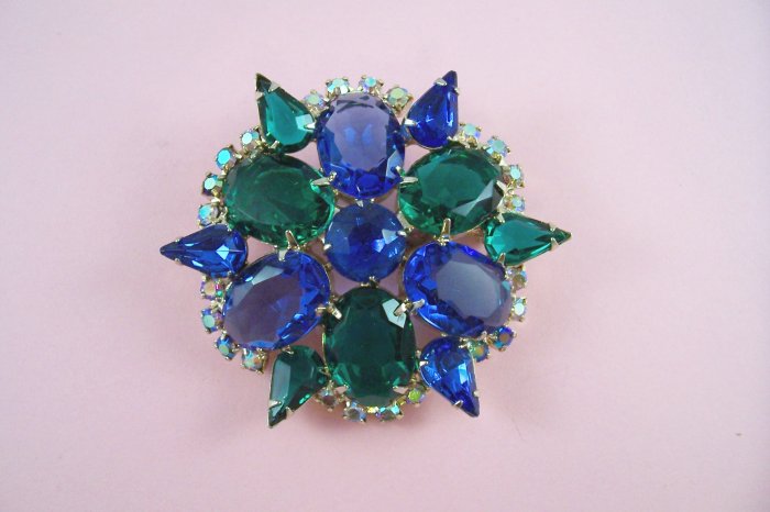 Vintage Blue and Green Cabochon Rhinestone Brooch Aurora Borealis Rhinestones