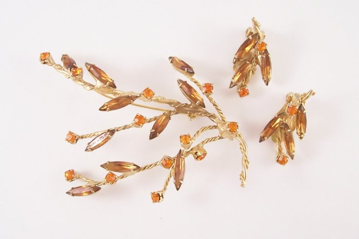 Vintage Topaz Hyacinth Rhinestone Brooch Earrings Demi Set Unique Twisted Branch Design