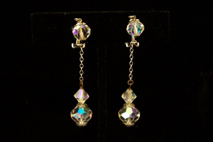 Vintage Lewis Segal Crystal Aurora Borealis Drop Earrings