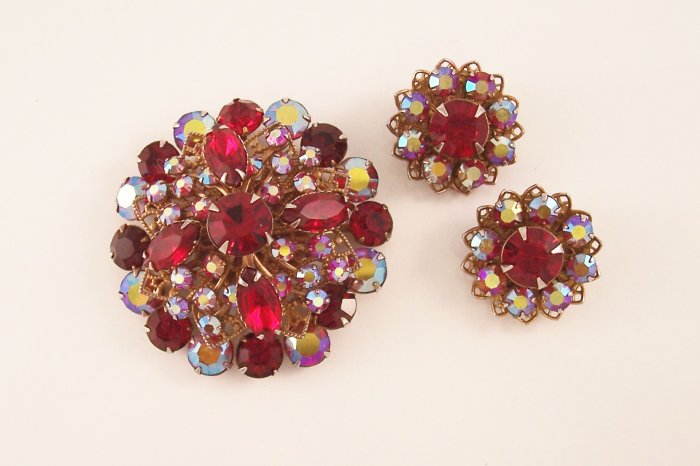 Vintage Ruby Red Rhinestone Borealis Brooch Earrings Demi Set Domed Filigree Backed