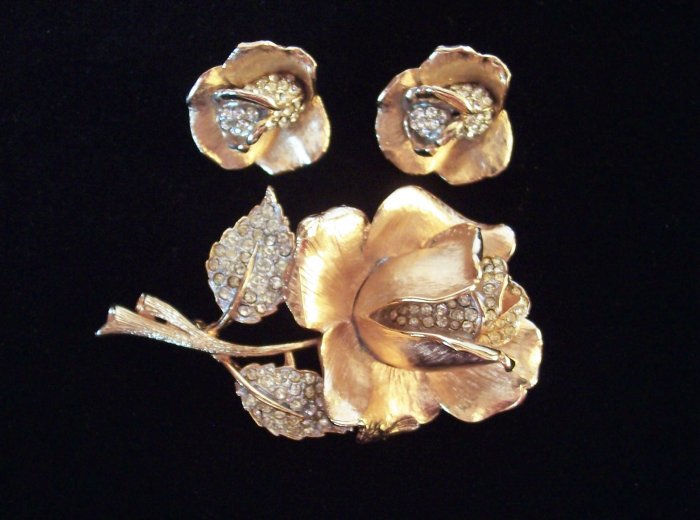 Vintage Rhinestone Rose Brooch and Earrings Demi Pave Set