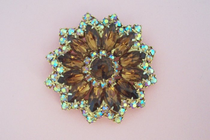 Vintage Topaz Aurora Borealis Rhinestone Brooch Flower Design Perfect for Fall