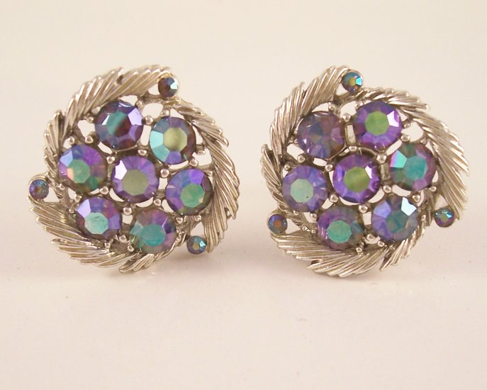 Vintage Lisner Peacock Aurora Borealis AB Earrings Screw Back