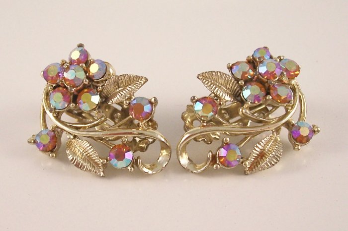 Vintage Topaz AB Aurora Borealis Rhinestone Earrings Floral Design