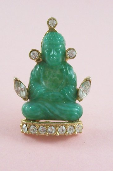 Vintage Hattie Carnegie Buddha Brooch Jade Green Glass Rhinestone