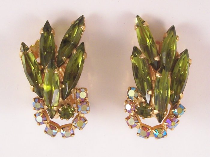 Vintage Olivine Green Rhinestone Earrings Aurora Borealis