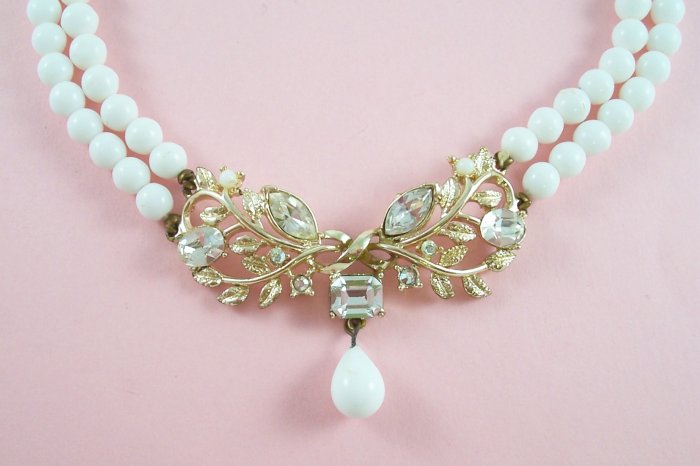 Vintage Coro White Milk Glass Bead Rhinestone Necklace Two Strand Choker
