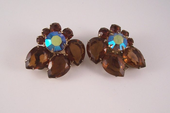 Vintage Dark Topaz AB Rhinestone Earrings Open Back Floral Style