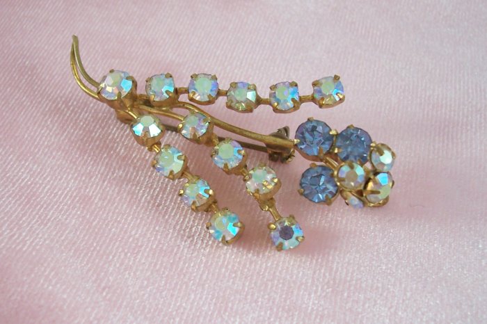Vintage Austria Rhinestone Brooch Blue Aurora Borealis AB Floral Spray