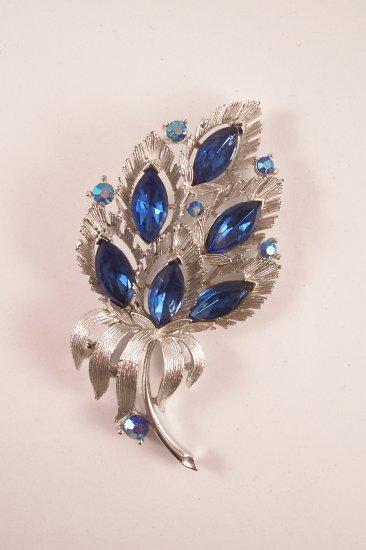 Vintage Lisner Blue Rhinestone Aurora Borealis Brooch Signed Flashy Floral Bouquet