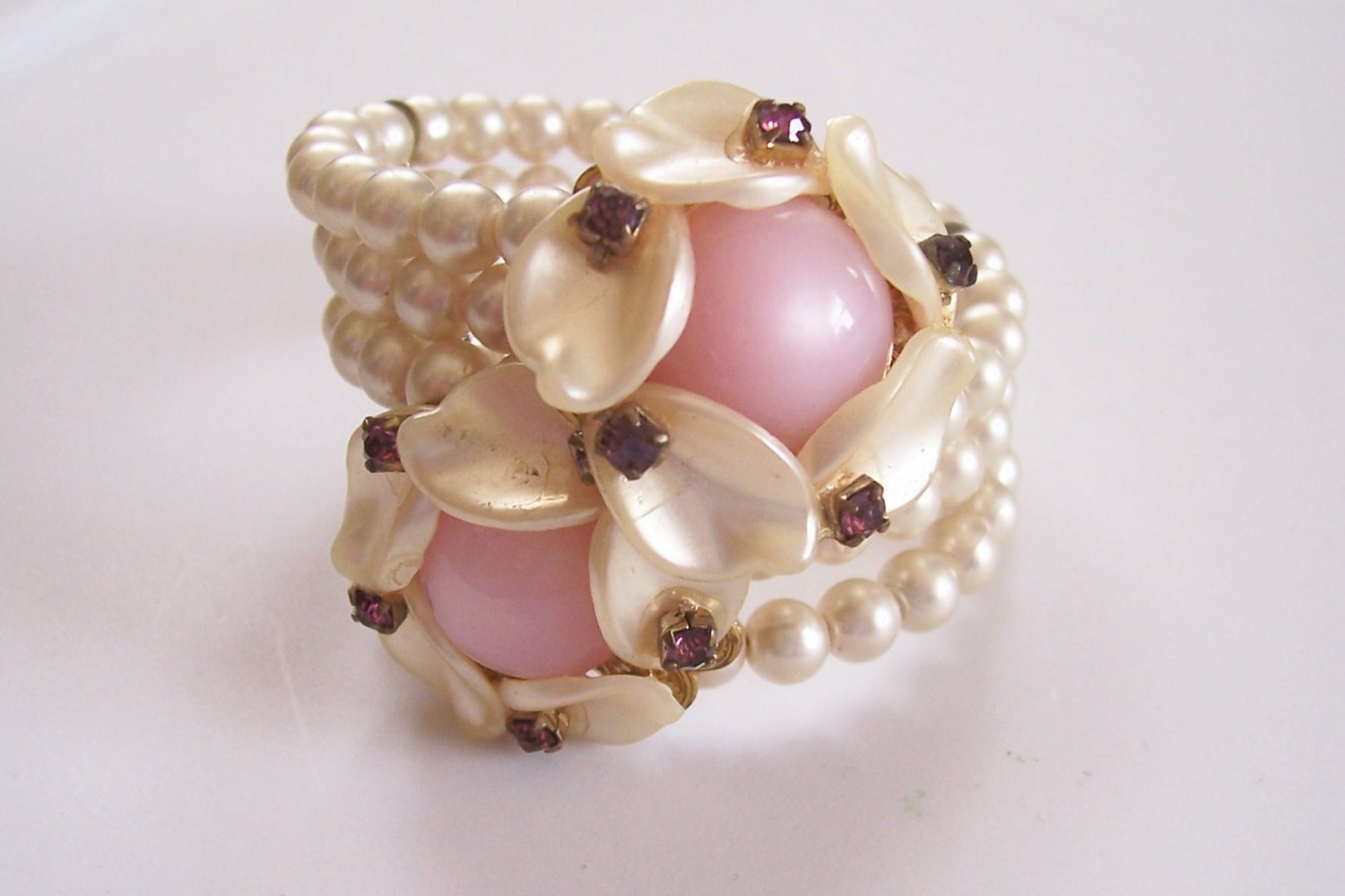 Vintage Faux Pearl and Rhinestone Wrap Bracelet Pink Faux Moonstone