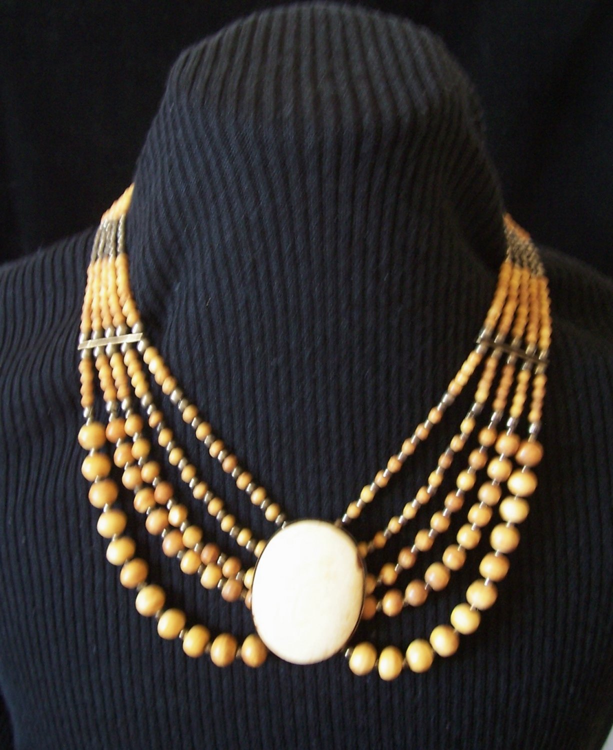 Vintage Tribal Carved Ox Bone Beaded Necklace Five Strand Draped Bib