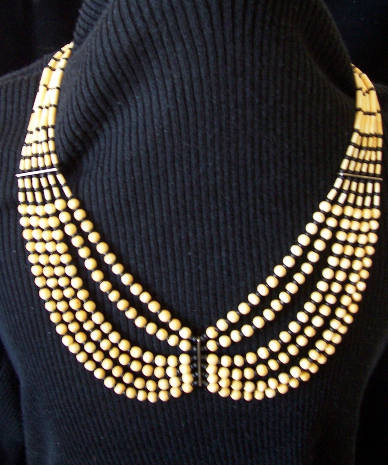 Vintage Carved Ox Bone Beaded Tribal Necklace Six Strand Draped