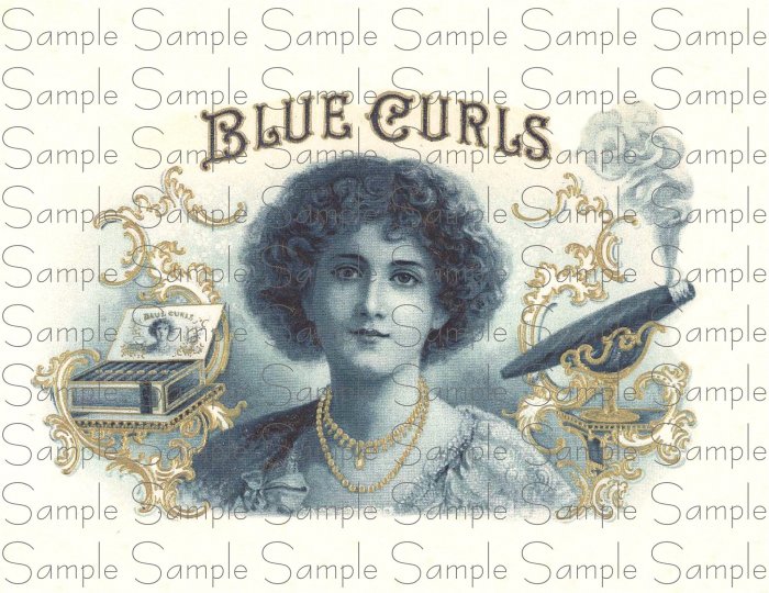 Blue Curls Digital Vintage Cigar Art Ephemera Scrapbooking Altered Art
