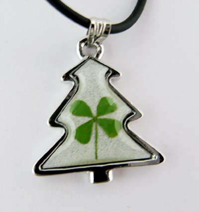 Real Four 4 Leaf Clover Christmas Tree Necklace Pendant