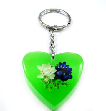 Green Heart Shape Amber Real Flower Key Chain Keyring NO.1