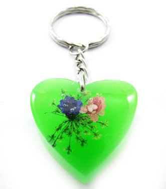 Green Heart Shape Amber Real Flower Key Chain Keyring NO.2
