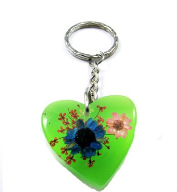 Green Heart Shape Amber Real Flower Key Chain Keyring NO.4