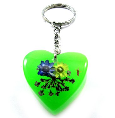 Green Heart Shape Amber Real Flower Key Chain Keyring NO.5