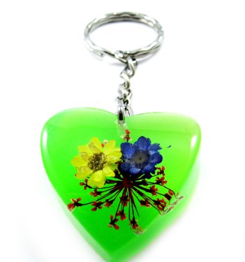 Green Heart Shape Amber Real Flower Key Chain Keyring NO.7
