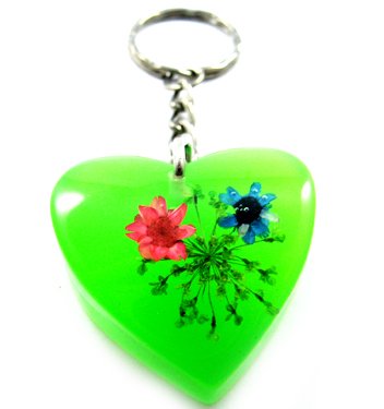 Green Heart Shape Amber Real Flower Key Chain Keyring NO.8