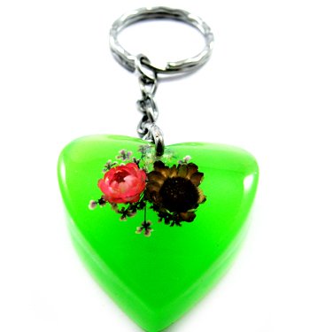 Green Heart Shape Amber Real Flower Key Chain Keyring NO.10
