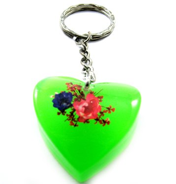 Green Heart Shape Amber Real Flower Key Chain Keyring NO.11