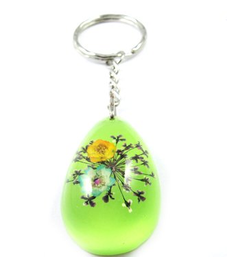 Green Oval Shape Amber Real Flower Key Chain Keyring NO.1