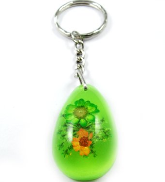 Green Oval Shape Amber Real Flower Key Chain Keyring NO.5