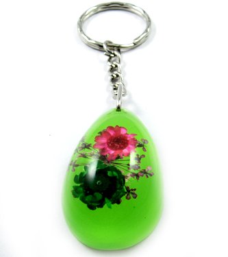 Green Oval Shape Amber Real Flower Key Chain Keyring NO.6