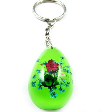 Green Oval Shape Amber Real Flower Key Chain Keyring NO.8